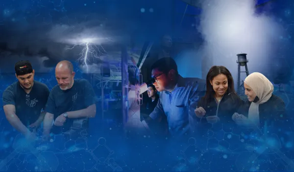 collage of people with blue abstract background