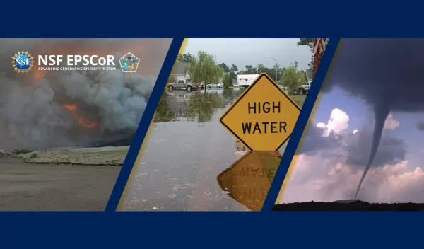 collage image from left to right, landscape on a body of water with smoke in the background; flooding with yellow sign that says high water; tornado