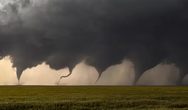 Composite of eight images in two sequences as a tornado formed north of Minneola, Kansas, May 24, 2016.