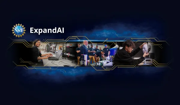 collage banner with engineers working on laptop, creating a robot, and a group of people standing together along with the NSF logo