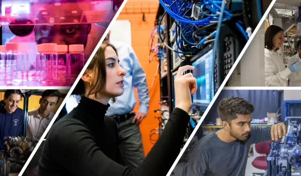 A collage of five images, each showing people working in different high tech labs.