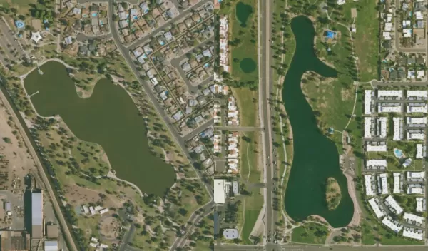 Composite image of two lakes. The lake on the left is an unsampled lake that is in a community where > 25% of the population is Hispanic. The lake on the right a sampled lake from a White or non-Hispanic community.