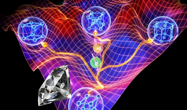 Illustration of quantum states, including a rippled surface and various round objects representing molecules.