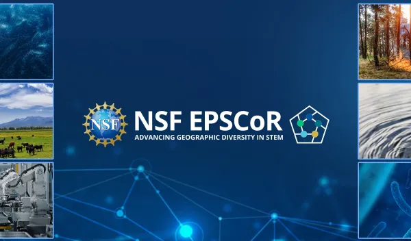 blue abstract background with EPSCoR logo in middle and a collage of imagery including textures, a forest fire, a mountain landscape with cows in foreground, close up of water rippling, and robotic arms