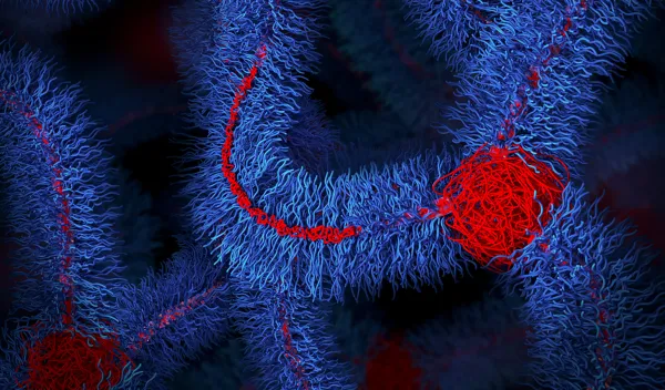 Illustration of polymer material at microscopic level with many squiggly blue lines