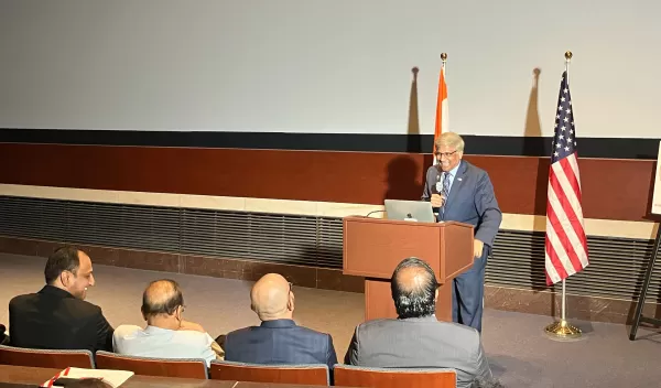 Director Panch standing in front of a crowd speaking At the US-India Partnership Summit hosted by the Foundation for India and Indian Diaspora Studies USA (FIIDS), he discussed the importance of U.S.-India collaboration in trade, technology, and security, highlighting NSF’s role in advancing critical technologies and fostering global partnerships.