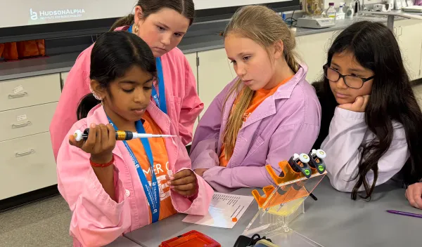 a group of 4 female students engaged in a science project