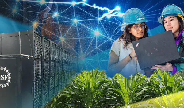 IDSS Announcement Graphic collage including two women wearing hard hats, green landscape, and large computers