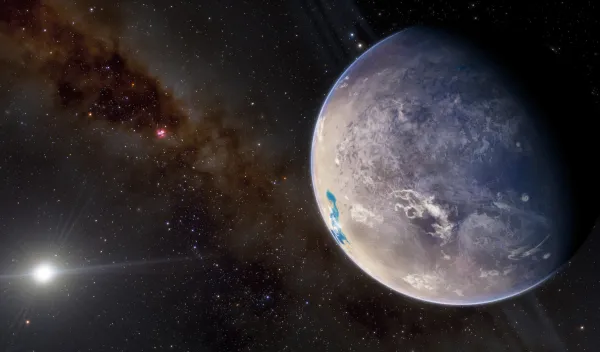 An illustration of a terrestrial exoplanet, with its star in the background.