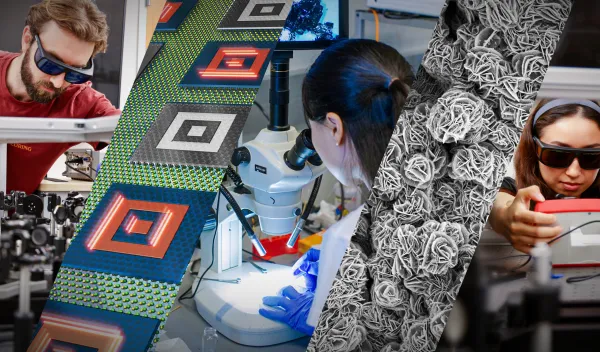 A collage of images showing scientists conducting materials research and close up images of advanced materials.