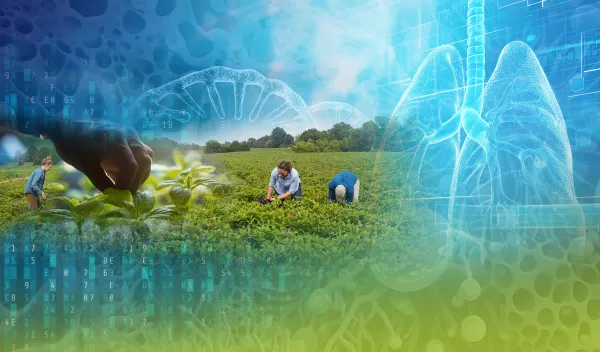 A collage of images showing agriculture, human lungs and other images suggesting biotech research