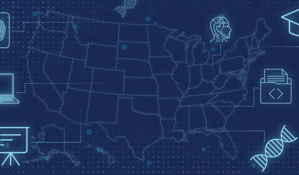 collage illustration including the US with icons surrounding it such as a laptop, AI head, finger print, DNA, graduation cap and html code