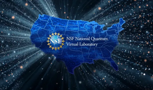 The NSF logo and words superimposed on a stylized map of the U.S. with rays and particles emerging from it.