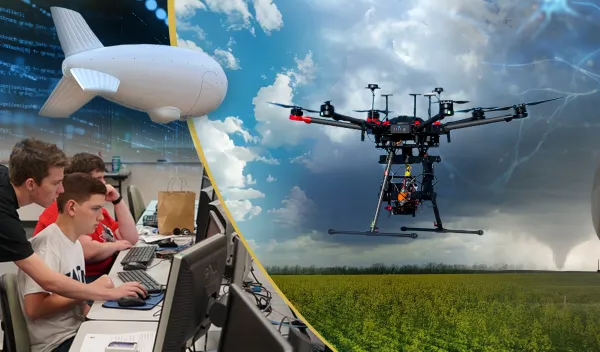 collage banner including students in class room, storm skies with tornado, a drone flying