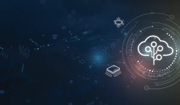 abstract image with tech related icons such as a computer chip, laptop, and an internet cloud