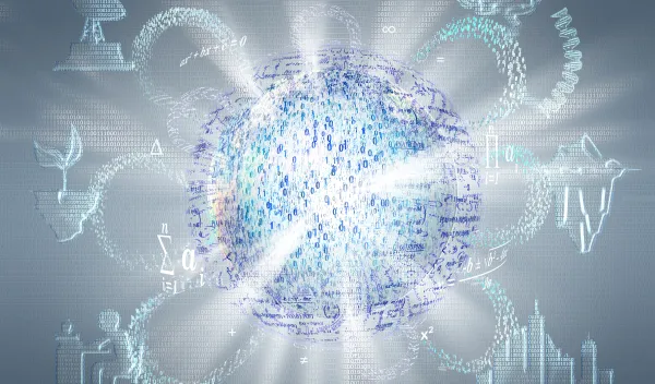 A glowing ball made up of code. Code spirals out, forming a satellite, brain, iceberg, skyline and a student at a desk.