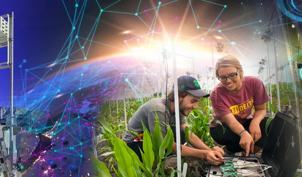 Decorative announcement header with two individuals working on circuitry with a molecule border