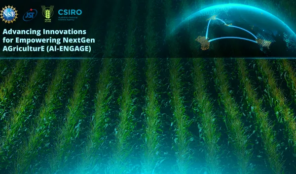 view of green crop fields with a glowing digital globe