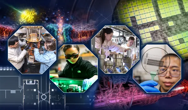 A collage showing multiple researchers in labs and close up images of circuits and other objects.