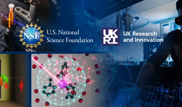 NSF and UKRI logos superimposed on a collage of several images depicting scientific research.