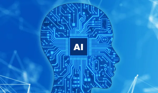 abstract blue image with a human head illustrated in the middle with the "AI"