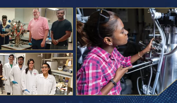 A collage of three photos showing people in science labs.