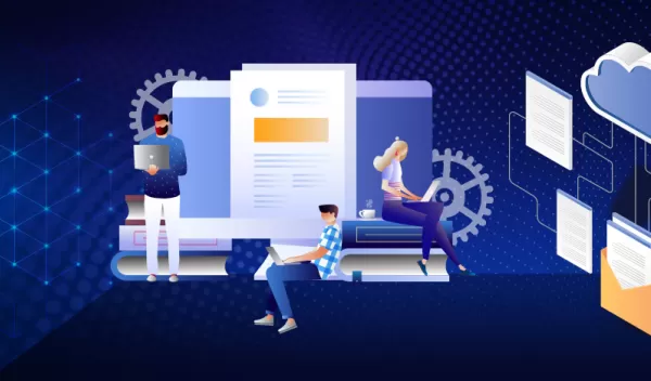 illustration graphic with a cloud connected to folders, along with character people on laptops with clock wheels in the background