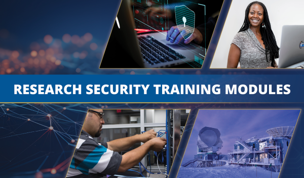 collage banner for the research security training module with images of people and technology