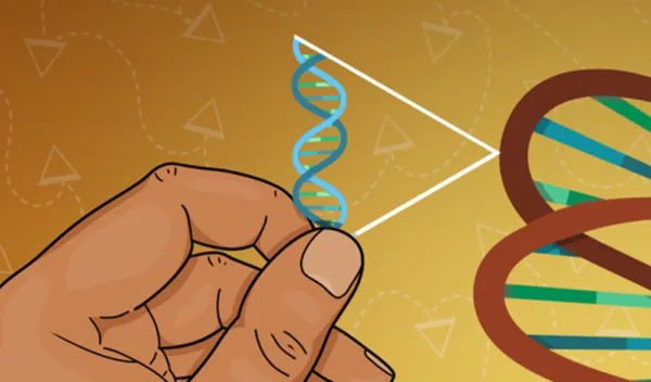 A hand placing a transposable element into a genome, among the chaos of other transposable elements in the background