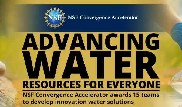 NSF banner for advancing water - resources for everyone - NSF convergence accelerator awards 15 teams to develop innovation water solutions with a picutre of a scientist sampling water