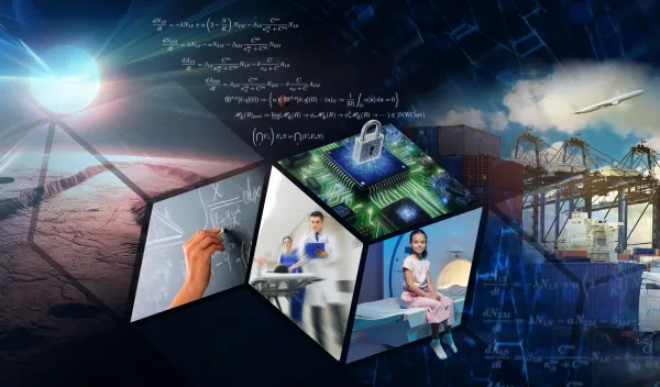 A collage of images showing a planet, equations, computer chip, doctors, a child patient next to an MRI machine, shipping containers, a freight truck and a jet.