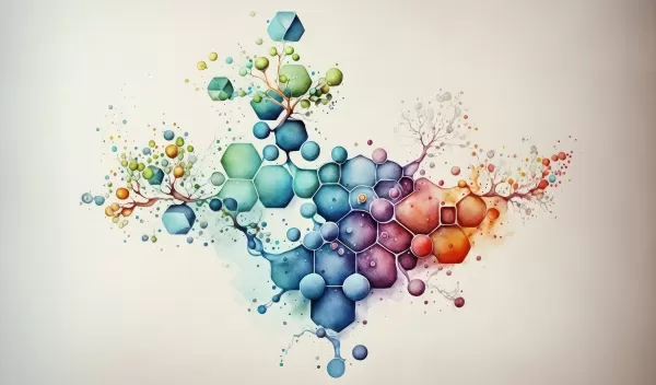 Watercolor illustration of a stylized molecule