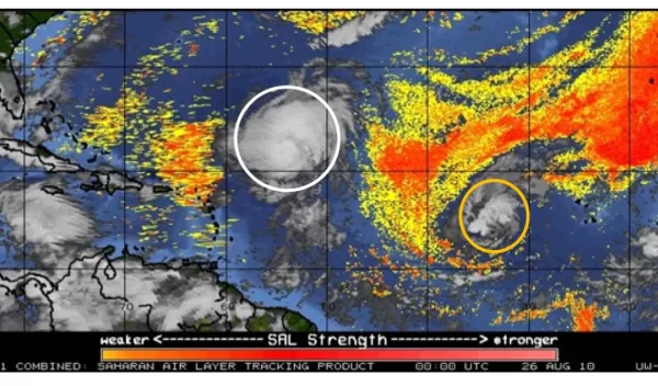 Geostationary Operational Environmental Satellite (GOES)-11 Saharan Air Layer product on 00 UTC 26 August 2010. The orange shading represents a dry and potentially dusty environment introduced by Saharan Air Layer. White and orange circles represent Hurricanes Dannielle and Earl, respectively.