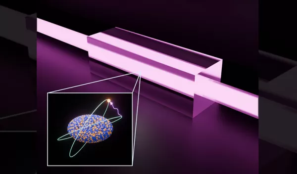 3-D illustration showing a purple rectangle and an atom inset.