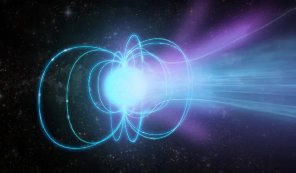 An artist's illustration of a magnetar, a highly magnetic neutron star, showing magnetic lines and spiraling wind vortex.
