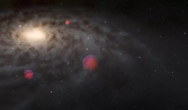 An illustration of many faint brown dwarf stars surrounding a galaxy. The galaxy occupies most of the image as a fuzzy oval disk.