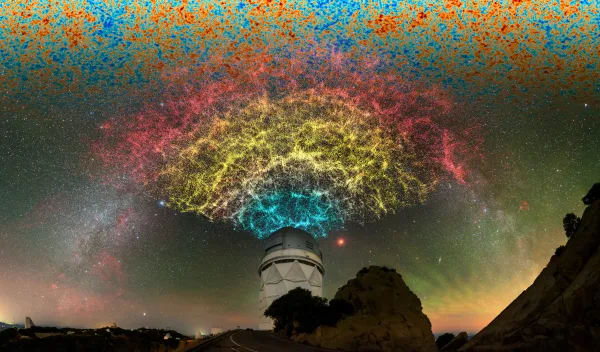 An artistic celebration of the Dark Energy Spectroscopic Instrument (DESI) year-one data, showing a slice of the larger 3D map that DESI is constructing during its five-year survey