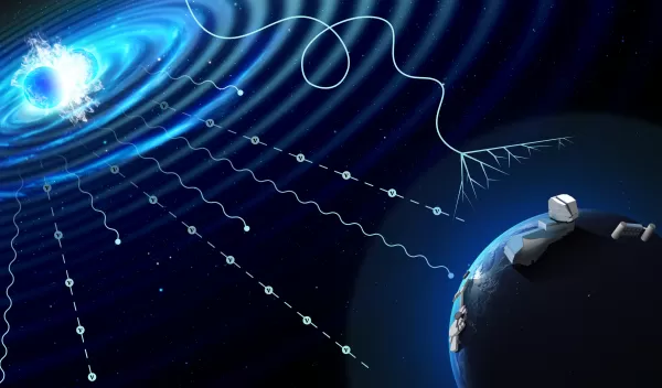 Conceptual illustration of a multi-messenger astrophysical event. In the top left, two neutron stars are colliding in a bright blue burst of energy. The collision emits several different types of signals, which are being detected by different telescopes and facilities illustrated on Earth in the lower right.