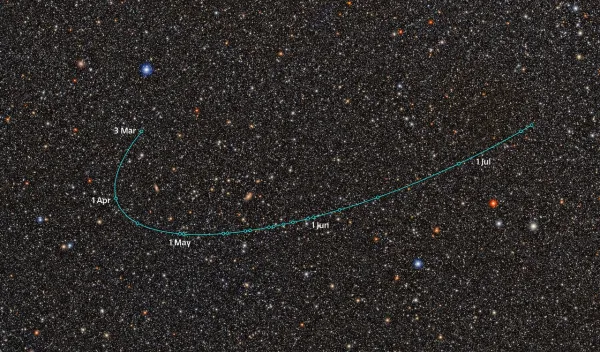 Annotated astronomical image showing the orbital arc of 2026 ED138 as a faint streak across a dense star field.