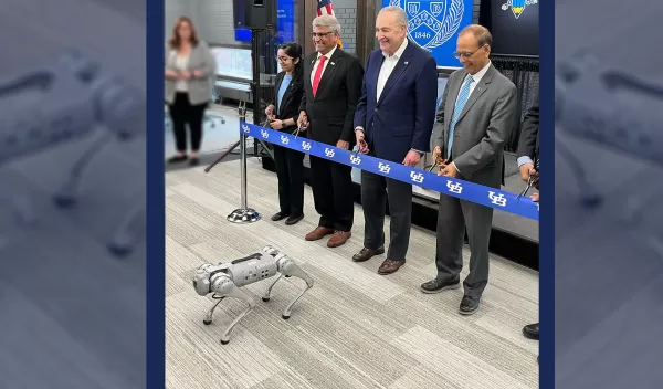 NSF Director visits University at Buffalo alongside U.S. Senate Majority Leader with robo dog