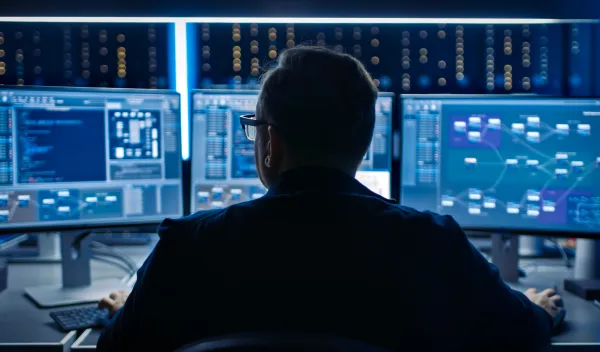 man sitting in front of three computer screens