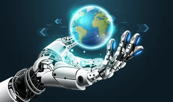 abstract image of a robot hand holding the earth globe in its hand