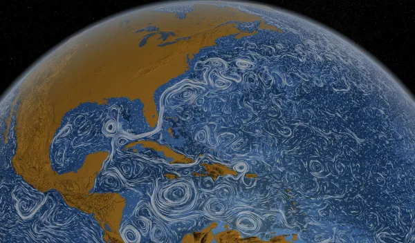 Winds over the Ocean: NSF funded research using satellites and high-resolution model data explains how atmospheric winds shape ocean weather patterns. (University of Rochester illustration / Shikhar Rai)