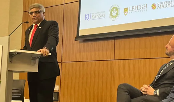 NSF Director Sethuraman Panchanathan announces NSF’s investment in the NSF Engineering Research Center for Environmentally Applied Refrigerant Technology Hub at the University of Kansas on Nov. 7, 2024. 