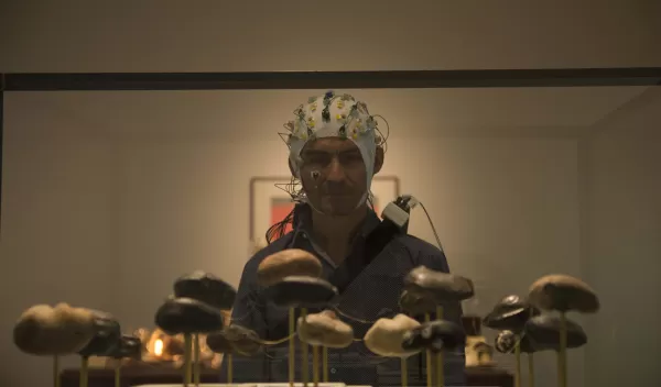 person with EEG cap looking at art