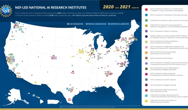 NSF-LED National AI Research Institute map shows all awards combined