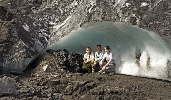 Researchers Jim Ciarrocca, Ben Edwards and Ellie Was study lava under Iceland's GigjÃ¶kull glacier.