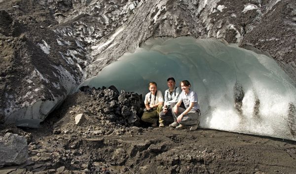 Researchers Jim Ciarrocca, Ben Edwards and Ellie Was study lava under Iceland's Gigjökull glacier.