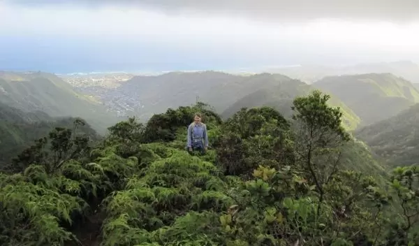 Elizabeth Stacy in a stand of stunted Metrosideros
