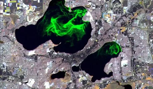 Aerial view showing algae blooms in Wisconsin's Lake Mendota